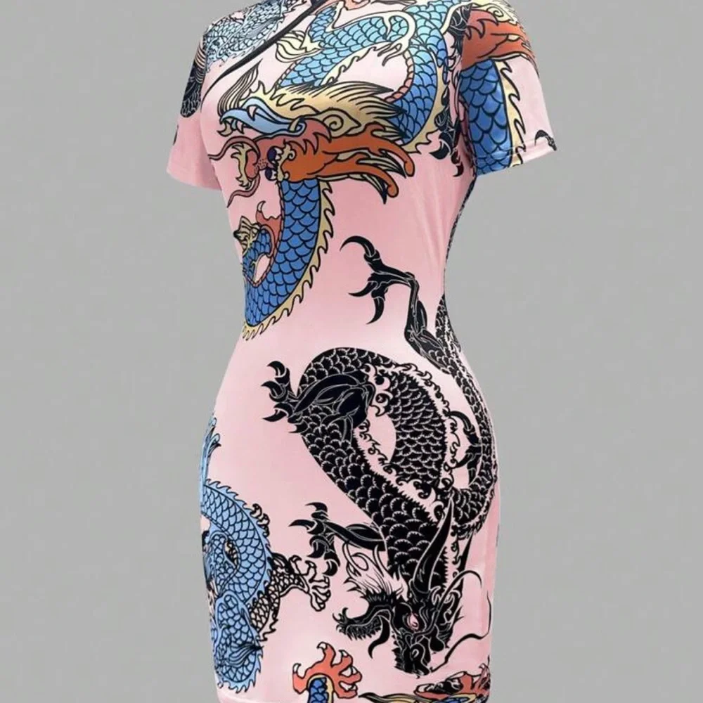 Pink Dragon Print Women's Dress - Picture 3 of 6